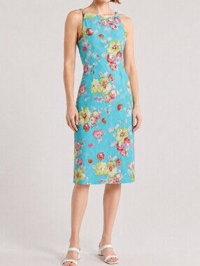 Jigsaw Aqua Floral  Sheath Dress Size 14 100% Linen Summer 19in pit to pit chest